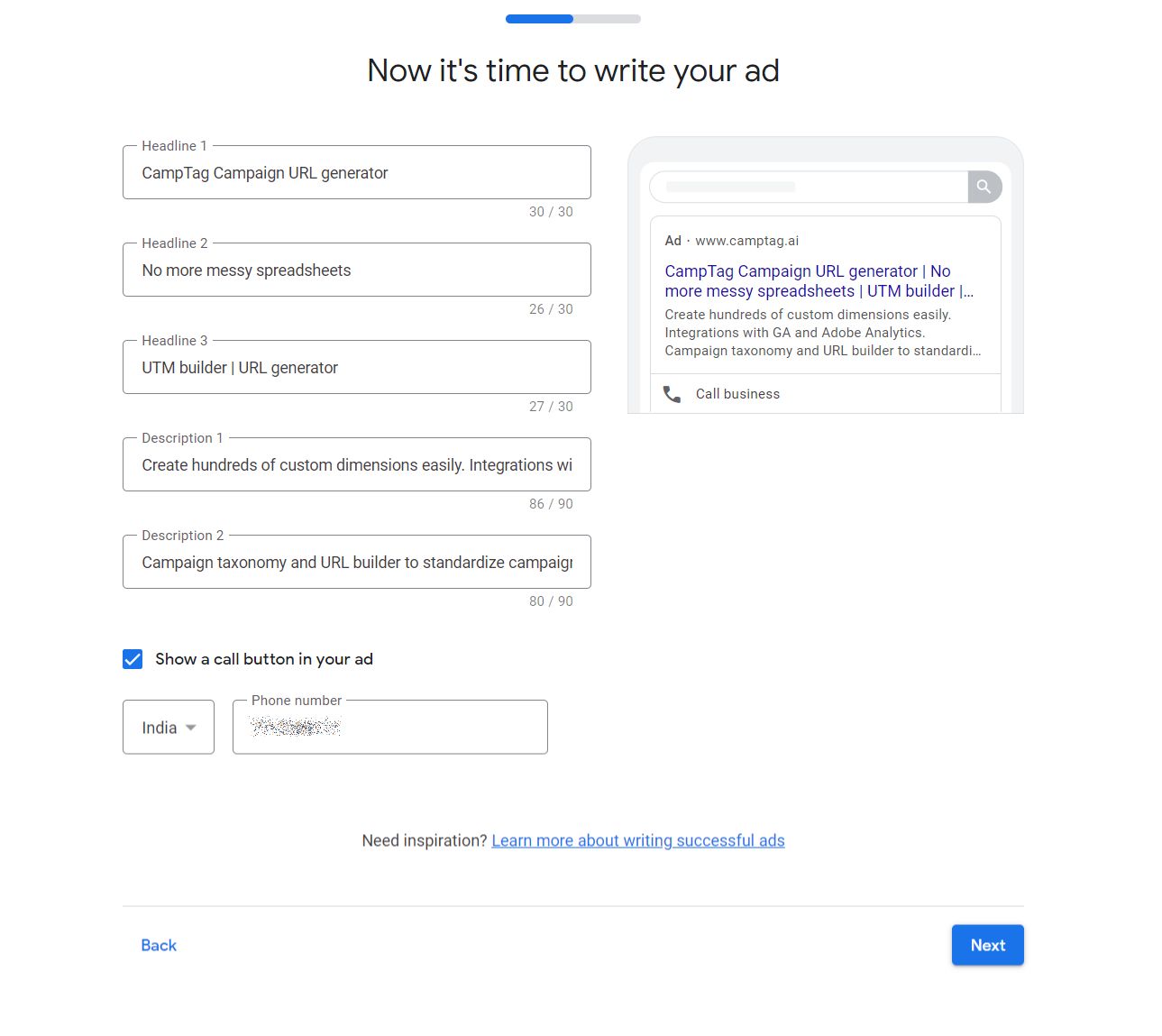 Ad copies for Google Smart Campaign